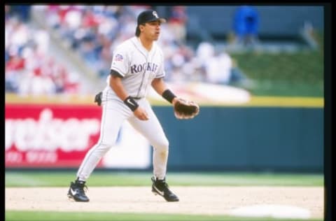 26 Apr 1997: Third baseman Vinny Castilla of the Colorado Rockies stands in position during a game against the St. Louis Cardinals at Busch Stadium in St. Louis, Missouri. The Rockies won the game 4-2. Mandatory Credit: Stephen Dunn /Allsport