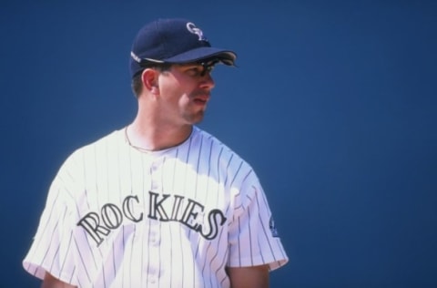 28 Jun 1998: Todd Helton #17 of the Colorado Rockies looks on during an interleague game against the Oakland Athletics at Coors Field in Denver, Colorado. The Rockies defeated the Athletics 11-10. Mandatory Credit: Brian Bahr /Allsport