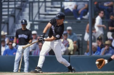 7 Mar 1999: Infielder Todd Helton #17 of the Colorado Rockies swings at the ball during the Spring Training game against the San Francisco Giants at the Hi Corbett Field in Tucson, Arizona. The Giants defeated the Rockies 10-9.