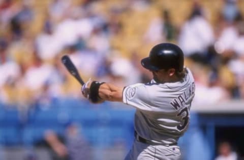 14 Jun 1998: Larry Walker #33 of the Colorado Rockies in action during a game against the Los Angeles Dodgers at the Dodger Stadium in Los Angeles, California. The Rockies defeated the Dodgers 3-2. (Mandatory Credit: Vincent Laforet /Allsport)