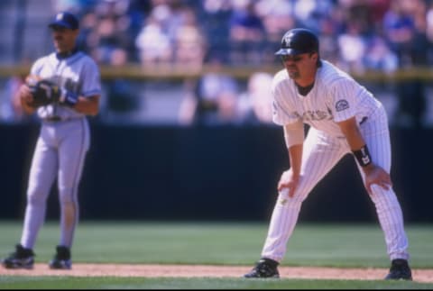 16 May 1998: Outfielder Larry Walker of the Colorado Rockies in action during a game against the Milwaukee Brewers at Coors Field in Denver, Colorado. The Brewers won the game, 7-5. Credit: Brian Bahr/Allsport