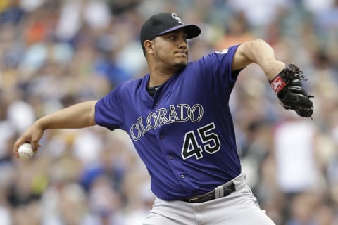 MILWAUKEE, WI – JUNE 28: Jhoulys Chacin #45 of the Colorado Rockies pitches during the first inning against the Milwaukee Brewers at Miller Park on June 28, 2014 in Milwaukee, Wisconsin. (Photo by Mike McGinnis/Getty Images)