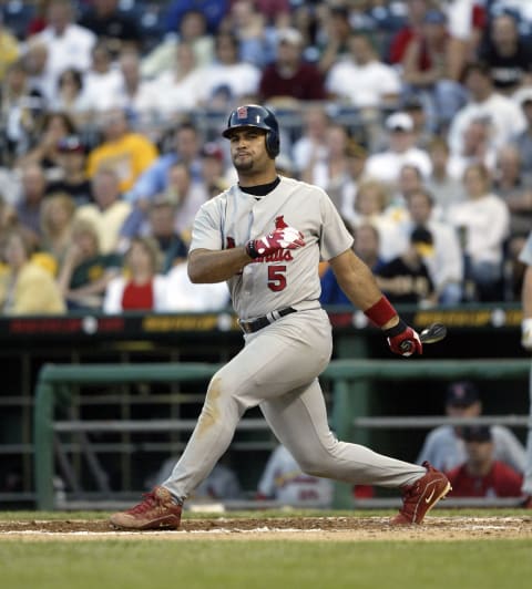 PITTSBURGH, PA – JUNE 3: Albert Pujols of the St. Louis Cardinals bats against the Pittsburgh Pirates during a Major League Baseball game at PNC Park on June 3, 2004 in Pittsburgh, Pennsylvania. The Cardinals defeated the Pirates 4-2. (Photo by George Gojkovich/Getty Images)