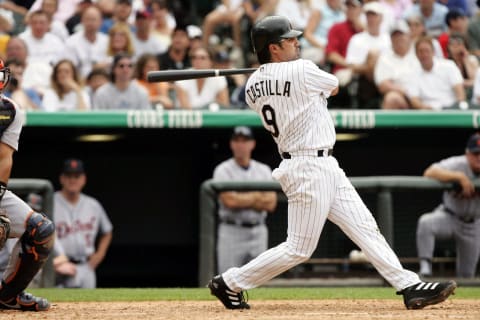 DENVER – JULY 4: Vinny Castilla #9 of the Colorado Rockies bats against the Detroit Tigers on July 4, 2004 at Coors Field in Denver, Colorado. The Rockies swept the Tigers with a 10-8 win. (Photo by Brian Bahr/Getty Images)