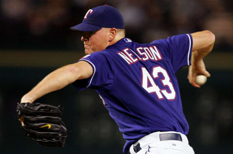 ARLINGTON, TX – SEPTEMBER 27: Pitcher Jeff Nelson #43 of the Texas Rangers throws against the Anaheim Angels September 27, 2004 at Ameriquest Field in Arlington in Arlington, Texas. (Photo by Ronald Martinez/Getty Images)