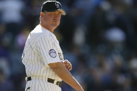 DENVER-APRIL 27 : Manager Clint Hurdle of the Colorado Rockies looks on during the game against the Philadelphia Phillies at Coors Field in Denver, Colorado on April 26. The Rockies won 8-6. ( Photo by Brian Bahr/Getty Images )