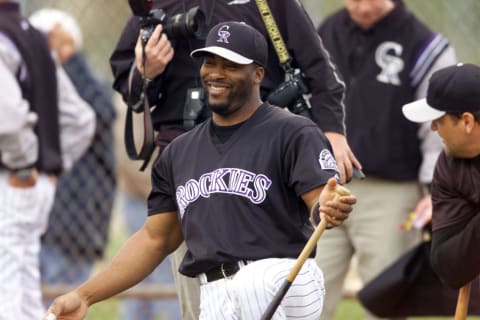 23 Feb 2001: Ron Gant #3 of the Colorado Rockies has a laugh during spring training at Tucson Electric Park in Tucson, Arizona. DIGITAL IMAGE Mandatory Credit: Brian Bahr/ALLSPORT