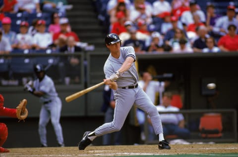 CINCINNATI – MAY 16: Dale Murphy #3 of the Colorado Rockies swings at the oncoming pitch during a game against the Cincinnati Reds at Riverfront Stadium on May 16, 1993 in Cincinnati, Ohio. (Photo by Rick Stewart/Getty Images)