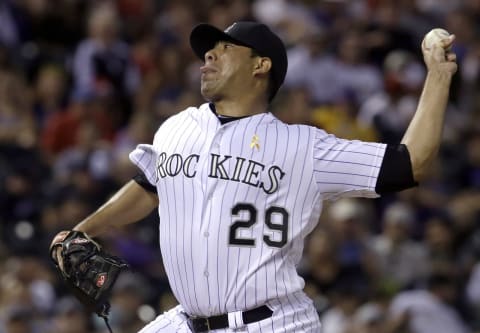 DENVER, CO – SEPTEMBER 02: Jorge De La Rosa #29 of the Colorado Rockies sticks out his tongue as he pitches against the Arizona Diamondbacks in the fourth inning of a baseball game at Coors Field on September 2, 2016 in Denver, Colorado. (Photo by Joe Mahoney/Getty Images)