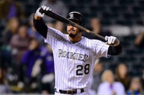 DENVER, CO – SEPTEMBER 16: Nolan Arenado #28 of the Colorado Rockies reacts in frustration after popping out in the ninth inning of a game at Coors Field on September 16, 2016 in Denver, Colorado. (Photo by Dustin Bradford/Getty Images)