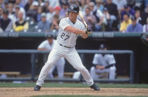 2 Apr 2001: Todd Hollandsworth #27 of the Colorado Rockies moves to swing at the ball during the game against the St. Louis Cardinals at Coors Fiels in Denver, Colorado. The Rockies defeated the Cardinals 8-0.Mandatory Credit: Tom Hauck /Allsport