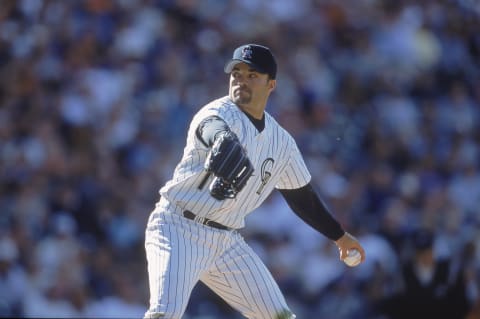 2 Apr 2001: Mike Hampton #10 of the Colorado Rockies winds back to pitch the ball during the game against the St. Louis Cardinals at Coors Fiels in Denver, Colorado. The Rockies defeated the Cardinals 8-0.Mandatory Credit: Tom Hauck /Allsport