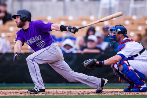 GLENDALE, AZ – FEBRUARY 27: Chris Denorfia #15 of the Colorado Rockies bats in the third inning during a spring training game against the Los Angeles Dodgers at Camelback Ranch on February 27, 2017 in Glendale, Arizona. (Photo by Rob Tringali/Getty Images)