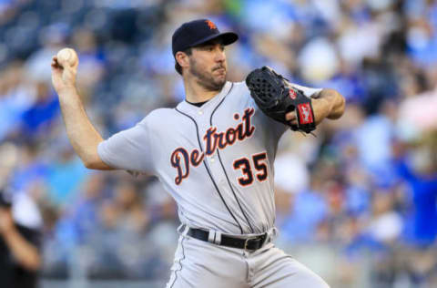 KANSAS CITY, MO – MAY 30: Justin Verlander #35 of the Detroit Tigers pitches against the Kansas City Royals during the first inning at Kauffman Stadium on May 30, 2017 in Kansas City, Missouri. (Photo by Brian Davidson/Getty Images)