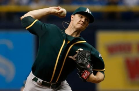 ST. PETERSBURG, FL – JUNE 10: Sonny Gray of the Oakland Athletics pitches during the first inning of game one of a double header against the Tampa Bay Rays on June 10, 2017 at Tropicana Field in St. Petersburg, Florida. (Photo by Brian Blanco/Getty Images)