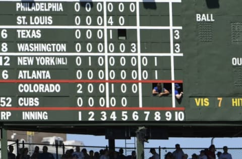 CHICAGO, IL – JUNE 10: The scoreboard operators watch the game between the Chicago Cubs and the Colorado Rockies during the sixth inning on June 10, 2017 at Wrigley Field in Chicago, Illinois. (Photo by David Banks/Getty Images)