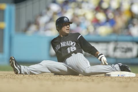 LOS ANGELES – SEPTEMBER 3: Kazuo Matsui of the Colorado Rockies attempts to steal second base during the game against the Los Angeles Dodgers at Dodger Stadium in Los Angeles, California on September 3, 2006. The Rockies defeated the Dodgers 12-5. (Photo by Rob Leiter/MLB Photos via Getty Images)