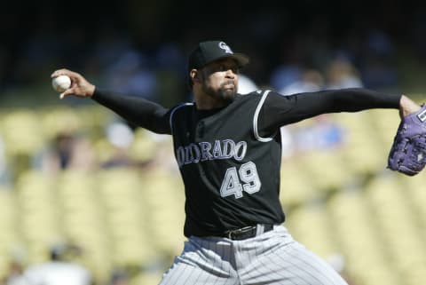 LOS ANGELES – SEPTEMBER 3: Jose Mesa of the Colorado Rockies pitches during the game against the Los Angeles Dodgers at Dodger Stadium in Los Angeles, California on September 3, 2006. The Rockies defeated the Dodgers 12-5. (Photo by Rob Leiter/MLB Photos via Getty Images)