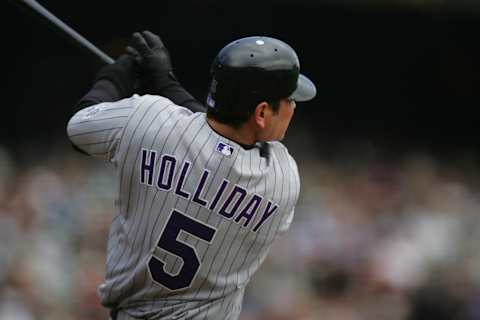 SAN FRANCISCO – SEPTEMBER 14: Matt Holliday #5 of the Colorado Rockies bats during the game against the San Francisco Giants at AT&T Park in San Francisco, California on September 14, 2006. The Giants defeated the Rockies 5-0. (Photo by Don Smith/MLB Photos via Getty Images)