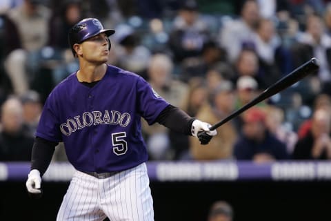 DENVER – APRIL 17: Matt Holliday #5 of the Colorado Rockies prepares for a pitch from the San Francisco Giants on April 17, 2007 at Coors Field in Denver, Colorado. The Rockies won 5-3. (Photo by Brian Bahr/Getty Images)