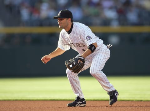 DENVER – MAY 10: Jamey Carroll #1 of the Colorado Rockies gets ready in the infield during the game against the San Francisco Giants at Coors Field on May 10, 2007 in Denver, Colorado. (Photo by Doug Pensinger/Getty Images)