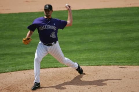 DENVER – JUNE 17: Jeremy Affeldt #41 of the Colorado Rockies pitches against the Tampa Bay Devil Rays at Coors Field on June 17, 2007 in Denver, Colorado. The Devils Rays won 7-4. (Photo by Doug Pensinger/Getty Images)