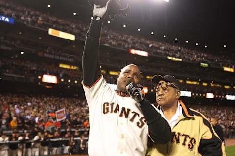 SAN FRANCISCO – AUGUST 07: In this handout image supplied by the San Francisco Giants, Barry Bonds #25 of the San Francisco Giants celebrates his career home run #756 with Willie Mays during the Major League Baseball game against the Washington Nationals at AT&T Park on August 7, 2007 in San Francisco, California. With his 756th career home run, Barry Bonds surpasses Hank Aaron to become Major League Baseball’s all-time home run leader. (Photo by Missy Mikulecky/San Francisco Giants via Getty Images)