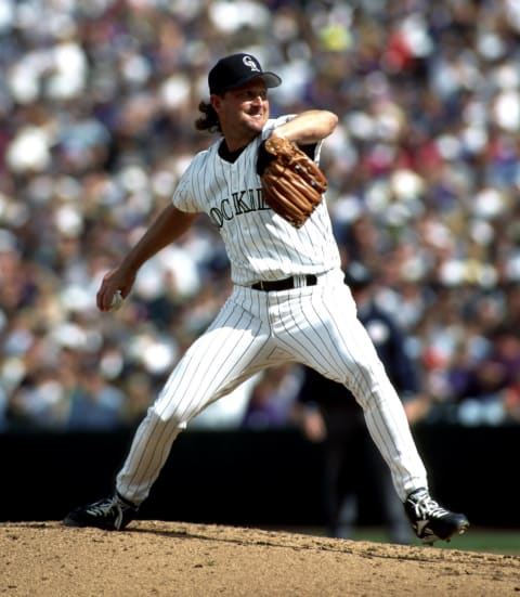 DENVER, CO – OCTOBER, 1995: Bret Saberhagen #31 of the Colorado Rockies pitching to the San Francisco Giants during a MLB game at Coors Field on October 1, 1995 in Denver, Colorado. (Photo by Ronald C. Modra/Getty Images)