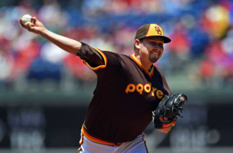 PHILADELPHIA, PA – JULY 09: Starting pitcher Trevor Cahill #38 of the San Diego Padres delivers a pitch in the first inning against the Philadelphia Phillies at Citizens Bank Park on July 9, 2017 in Philadelphia, Pennsylvania. (Photo by Drew Hallowell/Getty Images)