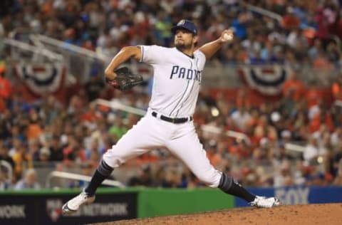 MIAMI, FL – JULY 11: Brad Hand of the San Diego Padres and the National League delivers the pitch during the 88th MLB All-Star Game at Marlins Park on July 11, 2017 in Miami, Florida. (Photo by Mike Ehrmann/Getty Images)