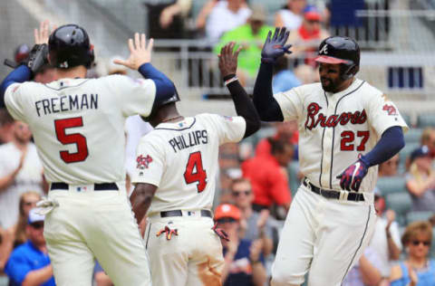 ATLANTA, GA – JULY 16: Matt Kemp #27 of the Atlanta Braves celebrates a three-run home run with Brandon Phillips #4 during the third inning against the Arizona Diamondbacks at SunTrust Park on July 16, 2017 in Atlanta, Georgia. (Photo by Daniel Shirey/Getty Images)