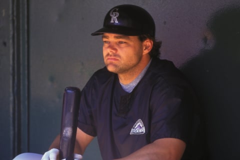 PHILADELPHIA, PA – AUGUST 1: Dante Bichette #10 of the Colorado Rockies before a baseball game against the Philadelphia Phillies on August 1, 1996 at Veterans Stadium in Philadelphia, Pennsylvania. (Photo by Mitchell Layton/Getty Images)