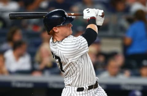 NEW YORK, NY – JULY 28: Clint Frazier #77 of the New York Yankees connects on a 3-run home run in the fifth inning against the Tampa Bay Rays at Yankee Stadium on July 28, 2017 in the Bronx borough of New York City. (Photo by Mike Stobe/Getty Images)