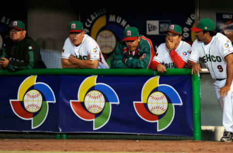 MEXICO CITY – MARCH 08: Vinny Castilla #9 of Mexico looks at his coaching staff during their 17-7, loss to Australia during the 2009 World Baseball Classic Pool B match on March 8, 2009 at the Estadio Foro Sol in Mexico City, Mexico. (Photo by Kevork Djansezian/Getty Images)