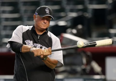 PHOENIX – APRIL 08: Manager Clint Hurdle of the Colorado Rockies warms up his team during batting practice before the MLB game against the Arizona Diamondbacks at Chase Field on April 8, 2009 in Phoenix, Arizona. The Rockies defeated the Diamondbacks 9-2. (Photo by Christian Petersen/Getty Images)