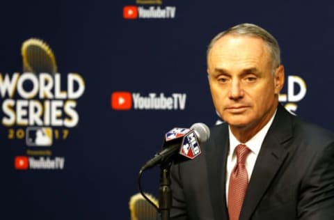 HOUSTON, TX – OCTOBER 28: Major League Baseball Commissioner Robert D. Manfred Jr. speaks to the media during a press conference prior to game four of the 2017 World Series between the Houston Astros and the Los Angeles Dodgers at Minute Maid Park on October 28, 2017 in Houston, Texas. (Photo by Bob Levey/Getty Images)