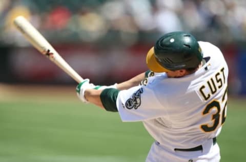 OAKLAND, CA – MAY 07: Jack Cust #32 of the Oakland Athletics bats against the Texas Rangers during a Major League Baseball game on May 7, 2009 at the Oakland Coliseum in Oakland, California. (Photo by Jed Jacobsohn/Getty Images)