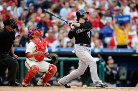 PHILADELPHIA – OCTOBER 07: Todd Helton #17 of the Colorado Rockies bats against the Philadelphia Phillies in Game One of the NLDS during the 2009 MLB Playoffs at Citizens Bank Park on October 7, 2009 in Philadelphia, Pennsylvania. (Photo by Jeff Zelevansky/Getty Images)