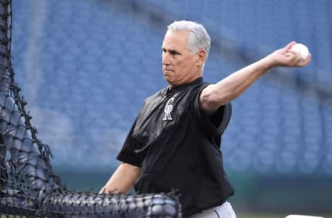 WASHINGTON, DC – APRIL 12: Manager Bud Black #10 of the Colorado Rockies throws batting practice before a baseball game against the Washington Nationals at Nationals Park on April 12, 2018 in Washington, DC. (Photo by Mitchell Layton/Getty Images)