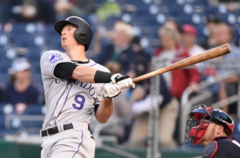 WASHINGTON, DC – APRIL 12: DJ LeMahieu #9 of the Colorado Rockies hits lead off a solo home run in the first inning during a baseball game against the Washington Nationals at Nationals Park on April 12, 2018 in Washington, DC. (Photo by Mitchell Layton/Getty Images)