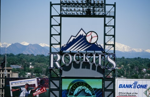 DENVER – JUNE 18: General view of Rockies logo in outfield during the Atlanta Braves game against the Colorado Rockies at Coors Field on June 18, 1995 in Denver, Colorado. (Photo by Nathan Bilow/Getty Images)