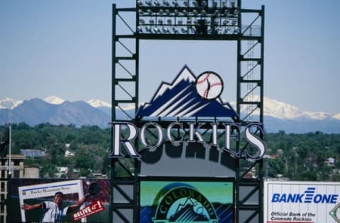 DENVER – JUNE 18: General view of Rockies logo in outfield during the Atlanta Braves game against the Colorado Rockies at Coors Field on June 18, 1995 in Denver, Colorado. (Photo by Nathan Bilow/Getty Images)