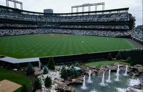 DENVER – JUNE 5: General view with fountain during the San Diego Padres game against the Colorado Rockies at Coors Field on June 5, 1997 in Denver, Colorado. (Photo by Brian Bahr/Getty Images).