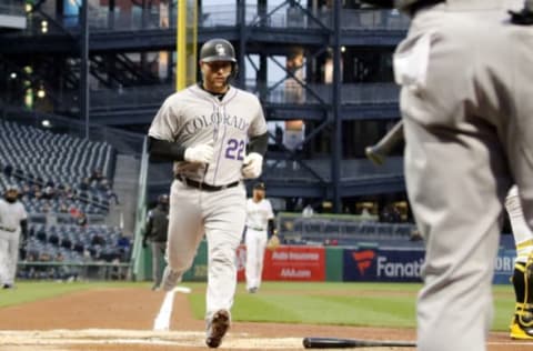 PITTSBURGH, PA – APRIL 16: Chris Iannetta #22 of the Colorado Rockies scores in the first inning against the Pittsburgh Pirates at PNC Park on April 16, 2018 in Pittsburgh, Pennsylvania. (Photo by Justin K. Aller/Getty Images)