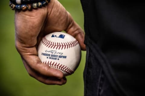 MIAMI, FL – APRIL 14: The ball being used for the ceremonial first pitch by University of Miami receiver Braxton Berrios is shown before action between the Pittsburgh Pirates and the Miami Marlins at Marlins Park on April 14, 2018 in Miami, Florida. (Photo by B51/Mark Brown/Getty Images)