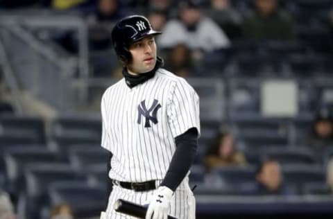 NEW YORK, NY – APRIL 17: Neil Walker #14 of the New York Yankees reacts after he struck out in the sixth inning against the Miami Marlins at Yankee Stadium on April 17, 2018 in the Bronx borough of New York City. (Photo by Elsa/Getty Images)