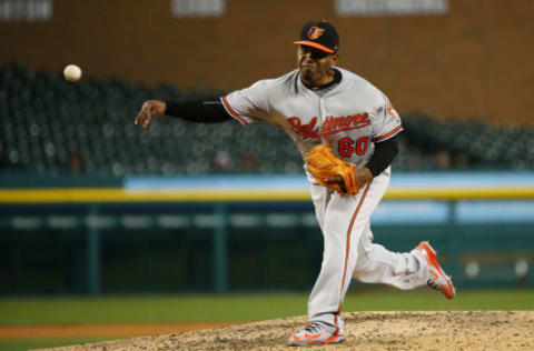 DETROIT, MI – APRIL 17: Mychal Givens #60 of the Baltimore Orioles throws a eighth inning pitch while playing the Detroit Tigers at Comerica Park on April 17, 2018 in Detroit, Michigan. Detroit won the game 4-2. (Photo by Gregory Shamus/Getty Images)