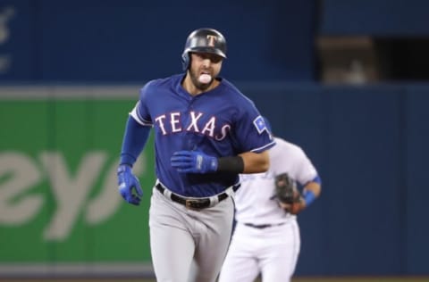 TORONTO, ON – APRIL 27: Joey Gallo #13 of the Texas Rangers circles the bases after hitting a two-run home run in the first inning during MLB game action against the Toronto Blue Jays at Rogers Centre on April 27, 2018 in Toronto, Canada. (Photo by Tom Szczerbowski/Getty Images)