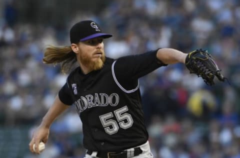 CHICAGO, IL – MAY 01: Jon Gray #55 of the Colorado Rockies pitches against the Chicago Cubs during the first inning on May 1, 2018 at Wrigley Field in Chicago, Illinois. (Photo by David Banks/Getty Images)