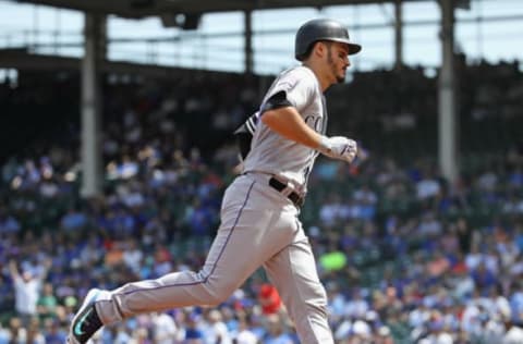 CHICAGO, IL – MAY 02: Nolan Arenado #28 of the Colorado Rockies runs the bases after hitting a two run home run in the 1st inning against the Chicago Cubs at Wrigley Field on May 2, 2018 in Chicago, Illinois. (Photo by Jonathan Daniel/Getty Images)